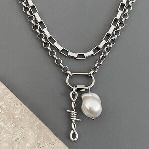 NEW 2 layered silver necklaces, steel NON TARNISH CHAIN, plated barbed wire PUNK
